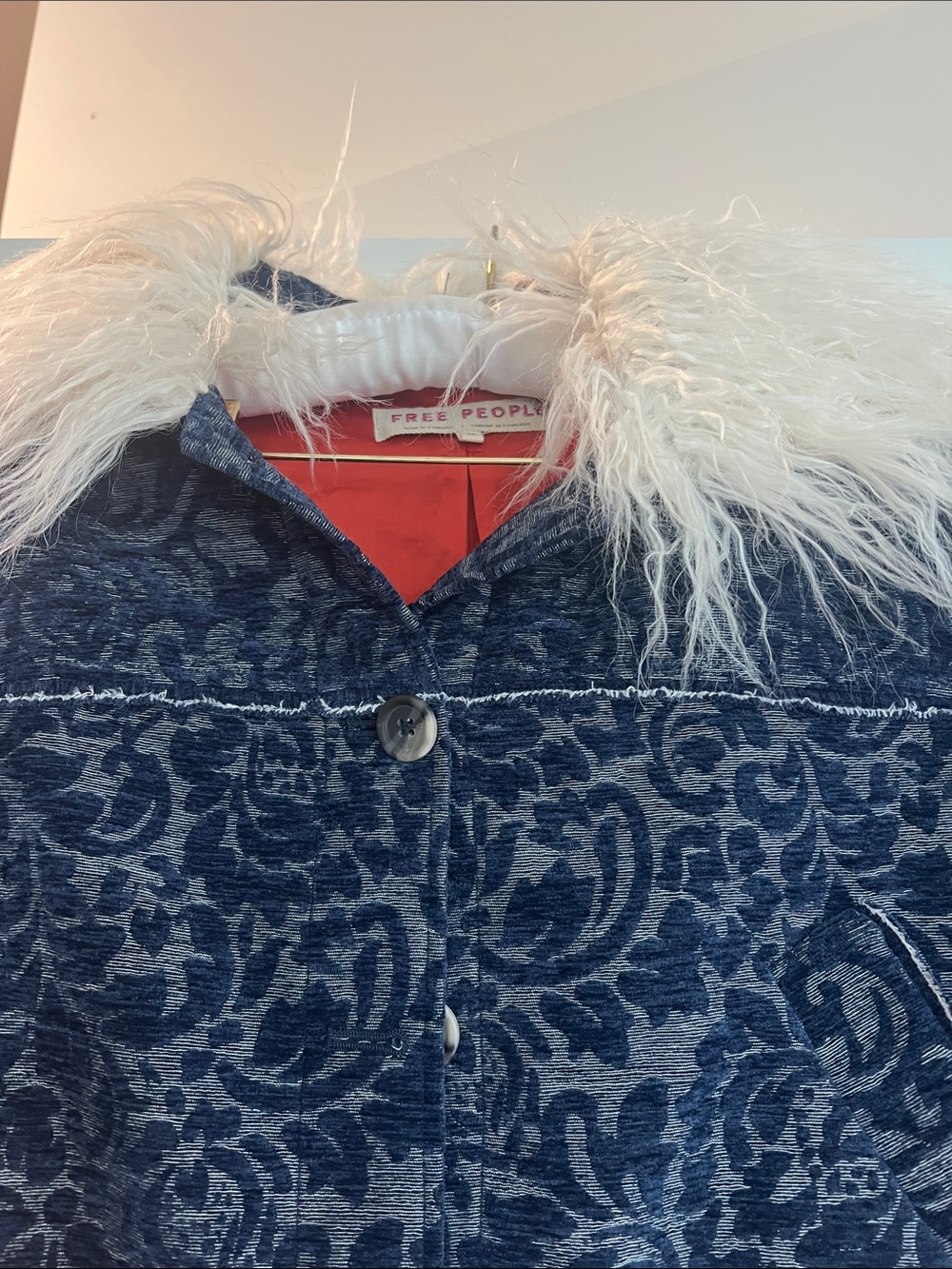 Free People Navy Floral Jacquard Jacket with Cream Faux Fur Trim - Picture 3 of 3